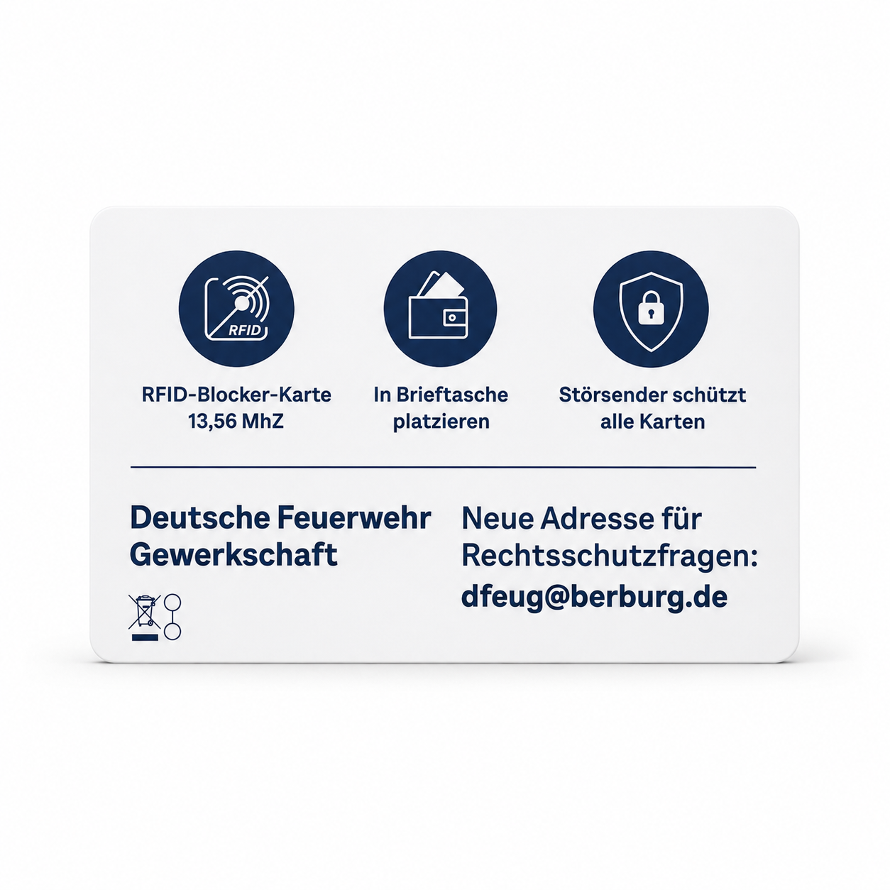 dfeug RFID-Karte Rückseite mit Funktionsbeschreibung und dfeug-Branding