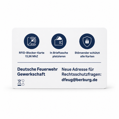dfeug RFID-Karte Rückseite mit Funktionsbeschreibung und dfeug-Branding